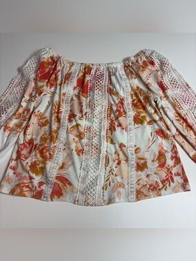 Ella Rafaella Boho Floral Lace Peasant Off Shoulder Blouse Cottagecore M
